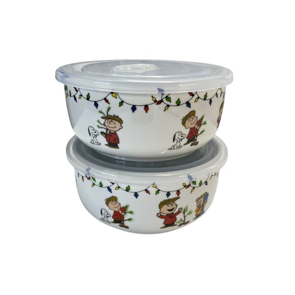 Peanuts Charlie Sally Brown Ceramic Bowls Set W/ Lids Christmas Holiday 6 in - Picture 1 of 8